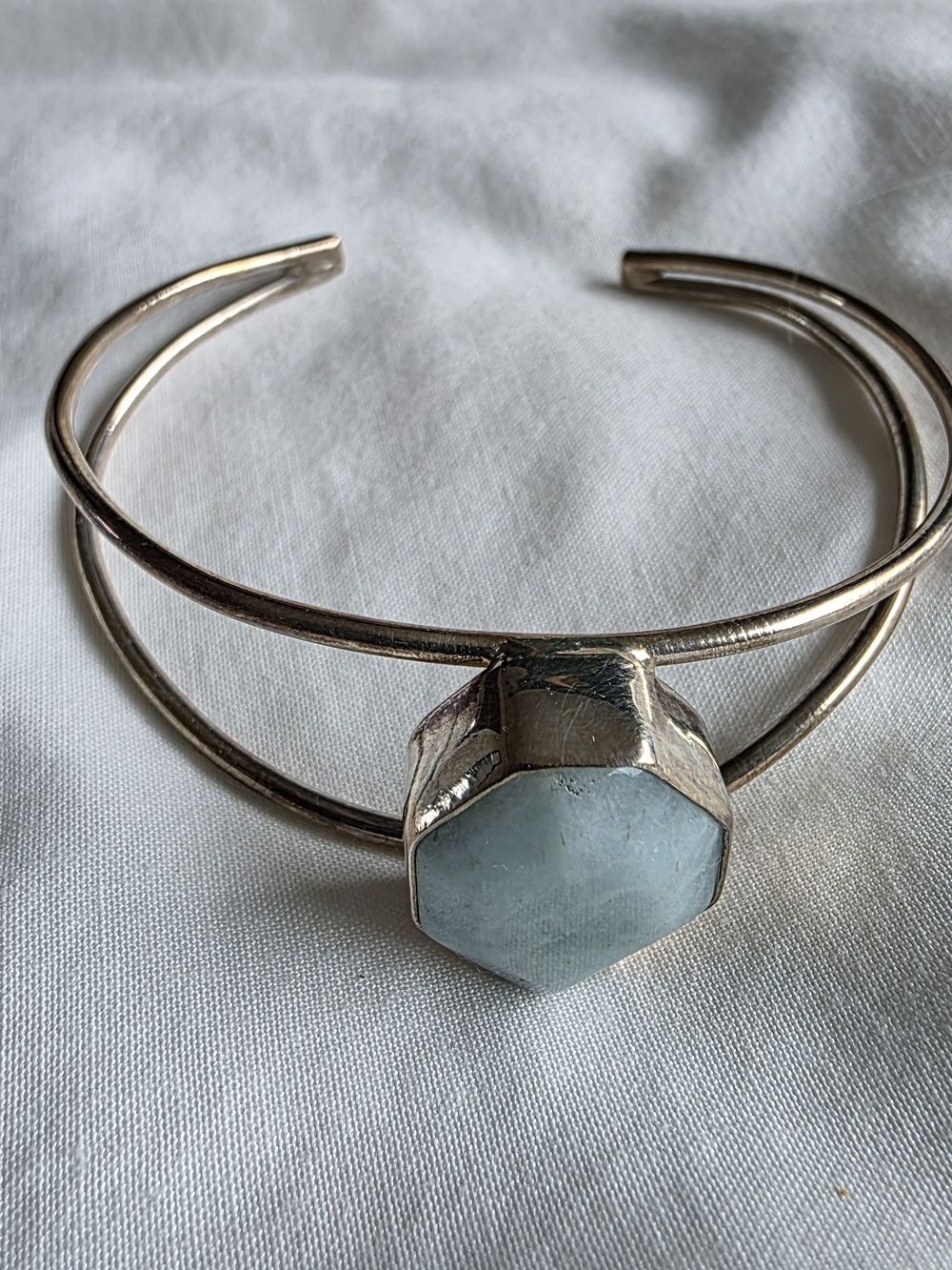 Sterling Silver Cuff Bracelet with Pale Blue Hexagon Stone